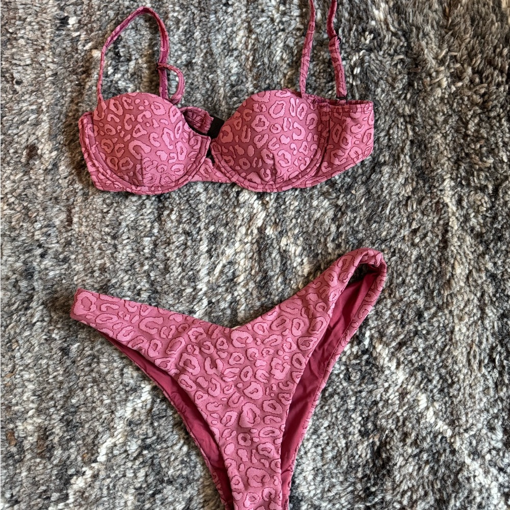 Onia Red and Pink Bikini Set with Underwire Top and High-Cut Thong Bottom